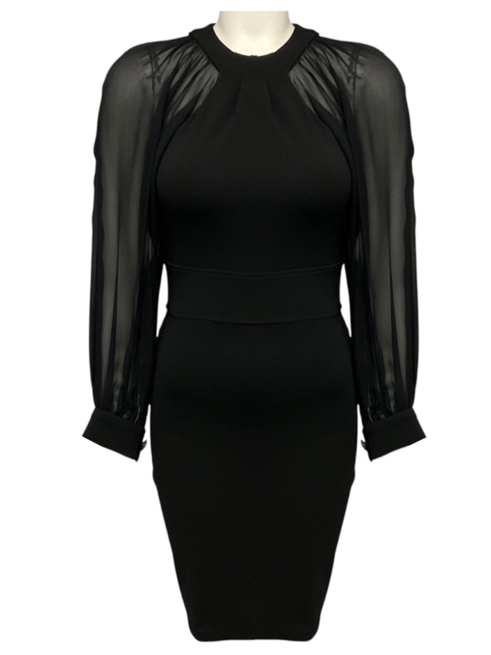 GUCCI BLACK FITTED JERSEY STRETCH KNIT DRESS WITH SHEER SILK CHIFFON SLEEVES